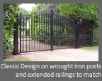 Automatic, Electric hinged gate - Classic Design on wrought iron posts and extended railings to match 