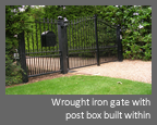 Automatic, Electric hinged gate - Wrought iron gate with post box built within
