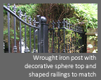 Automatic, Electric hinged gate - Wrought iron post with decorative sphere top and shaped railings to match