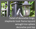 Automatic, Electric hinged gate - Detail of decorative hinge, shepherds hook frame top and wrought iron sphere decorative post top