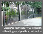 Automatic, Electric hinged gates - Classic/contemporary Gate design with railings and post box built within