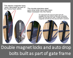 Automatic, Electric hinged gate - Double magnet locks and auto drop bolts built as part of gate frame